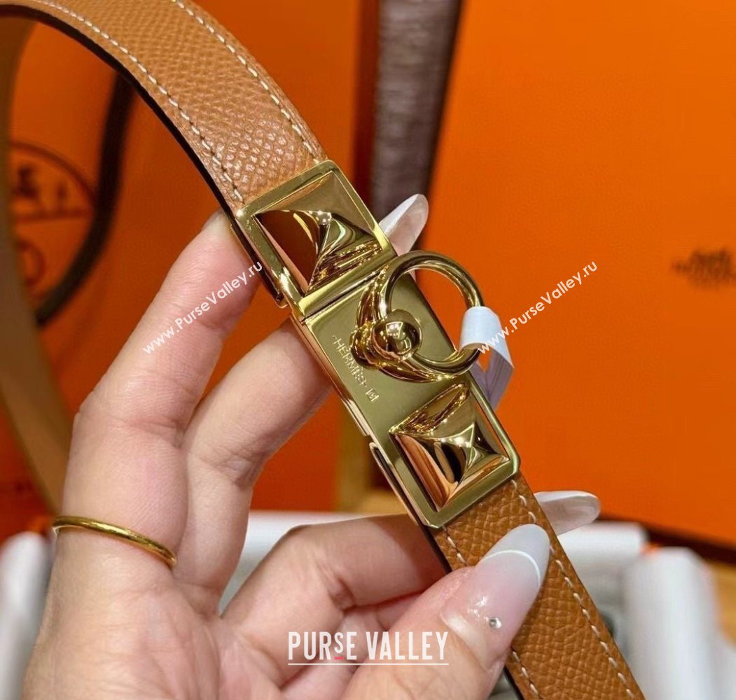 Hermes Womens Rivale Belt 1.8cm with Two Medor Studs and Ring Buckle Brown/Gold 2025 (99-250725031)
