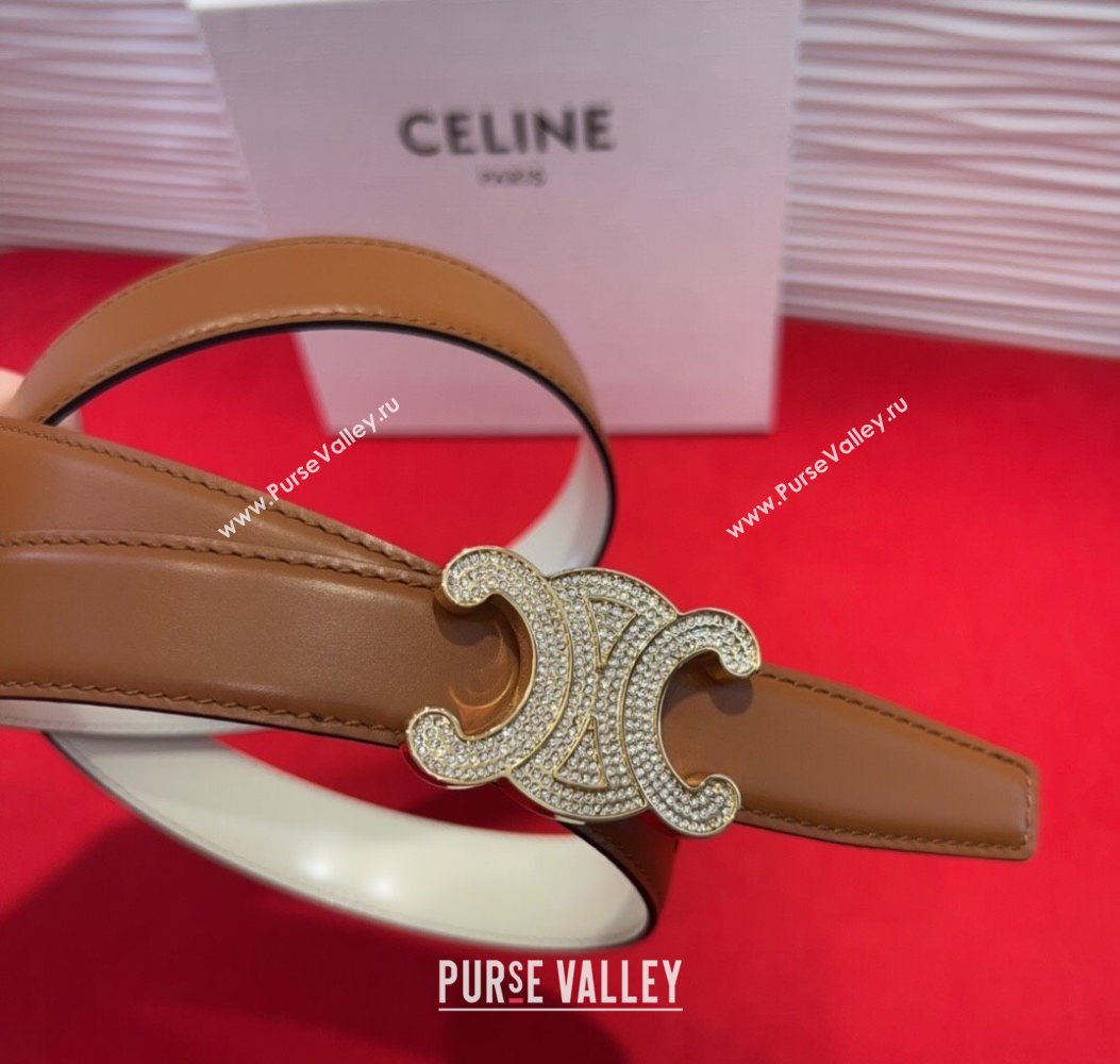Celine Triomphe Calf Leather Belt 2.5cm with Strass Buckle Tan Brown 2025 CL2013025 (99-250725051)
