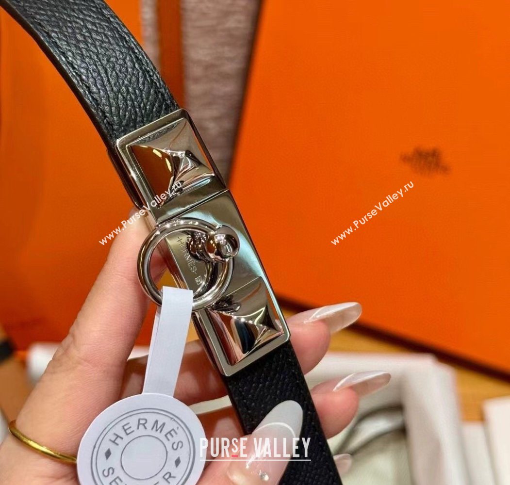 Hermes Womens Rivale Belt 1.8cm with Two Medor Studs and Ring Buckle Black/Silver 2025 (99-250725022)