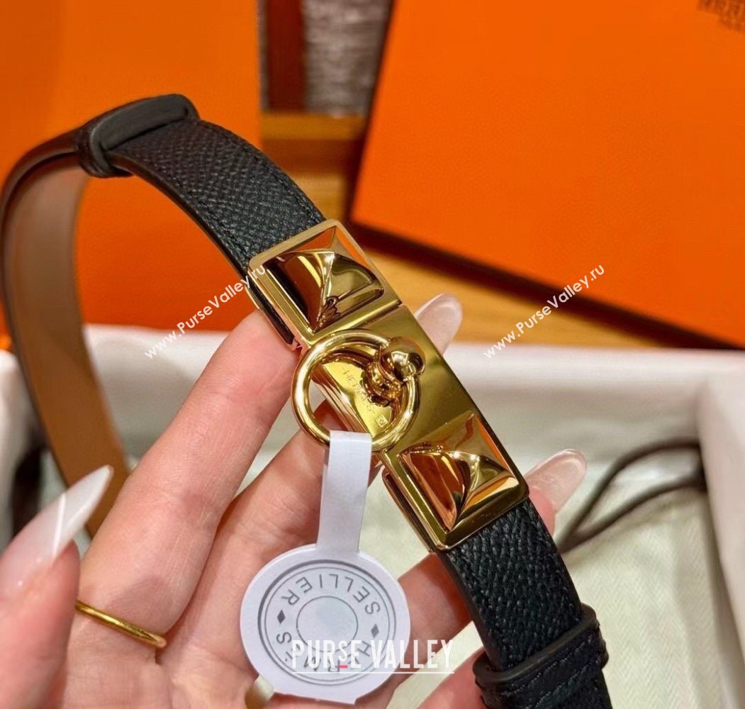 Hermes Womens Rivale Belt 1.8cm with Two Medor Studs and Ring Buckle Black/Gold 2025 (99-250725023)