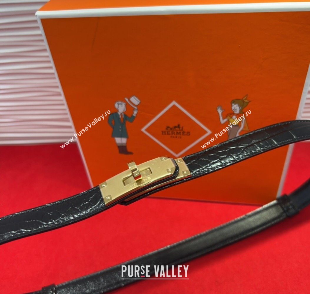 Hermes Kelly Duo Belt 1.8cm in Crocodile Embossed Calfskin Black/Yellow Gold 2025 H2010025 (99-250725001)