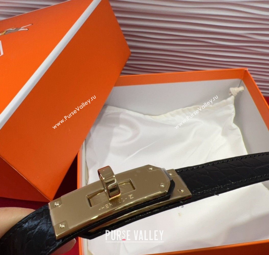 Hermes Kelly Duo Belt 1.8cm in Crocodile Embossed Calfskin Black/Yellow Gold 2025 H2010025 (99-250725001)