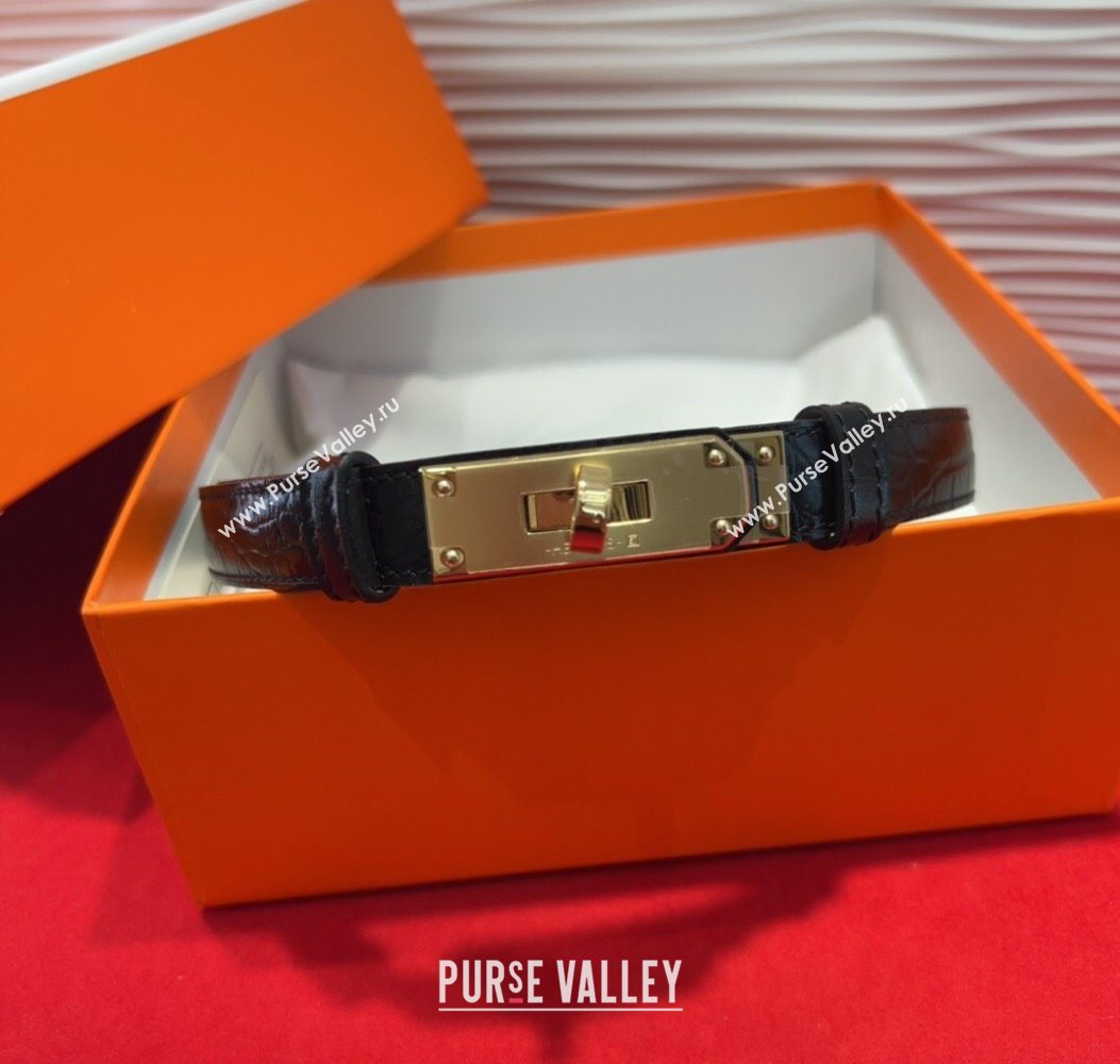 Hermes Kelly Duo Belt 1.8cm in Crocodile Embossed Calfskin Black/Yellow Gold 2025 H2010025 (99-250725001)