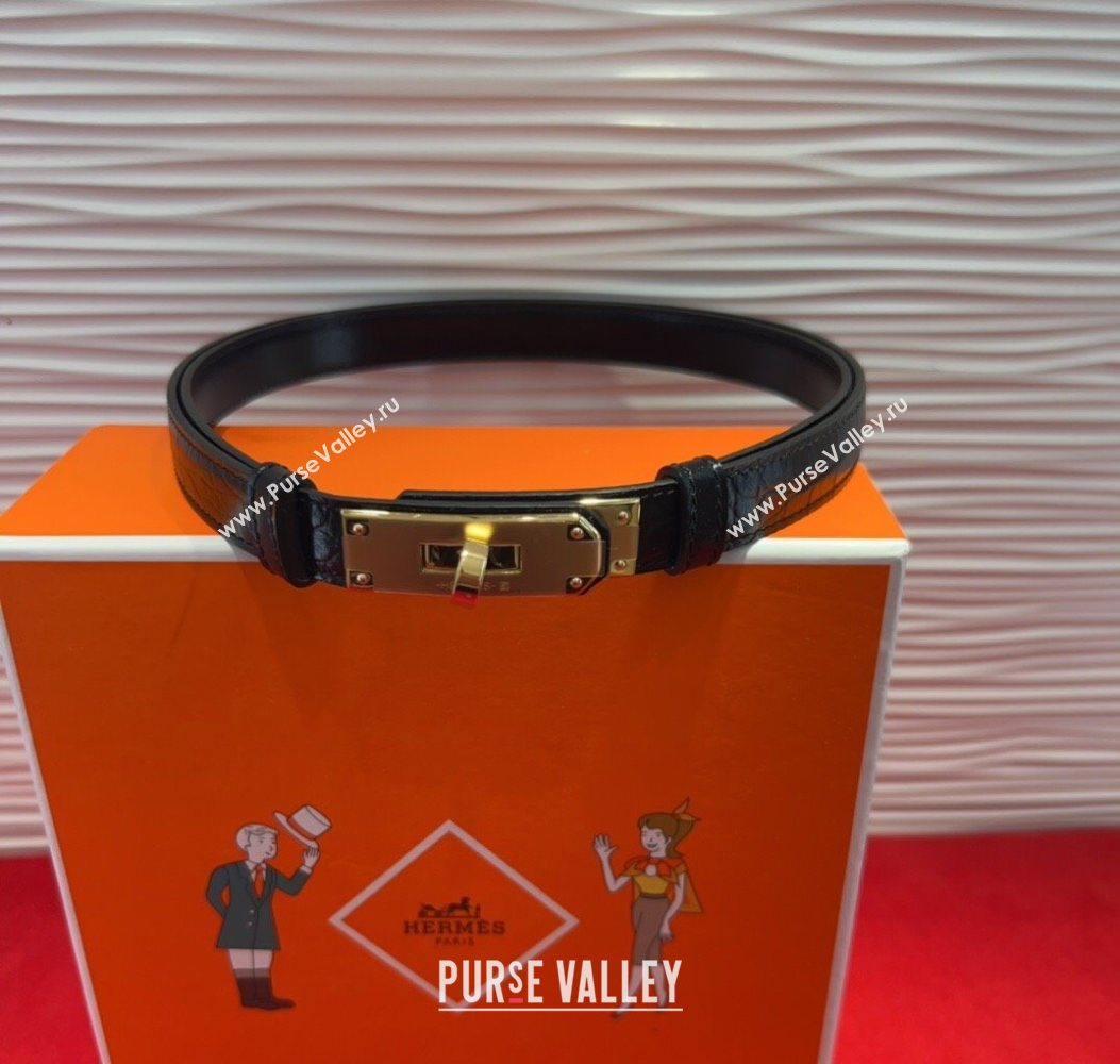 Hermes Kelly Duo Belt 1.8cm in Crocodile Embossed Calfskin Black/Yellow Gold 2025 H2010025 (99-250725001)