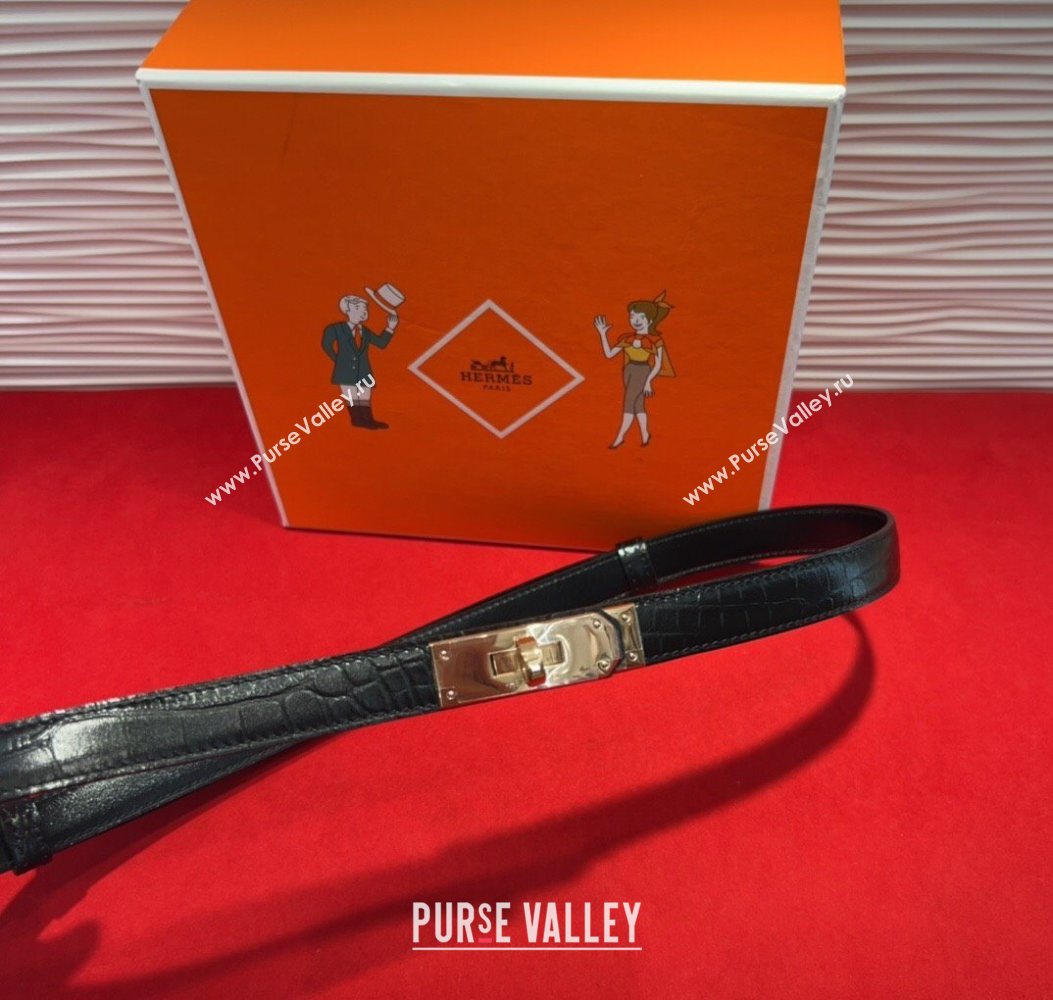 Hermes Kelly Duo Belt 1.8cm in Crocodile Embossed Calfskin Black/Yellow Gold 2025 H2010025 (99-250725001)