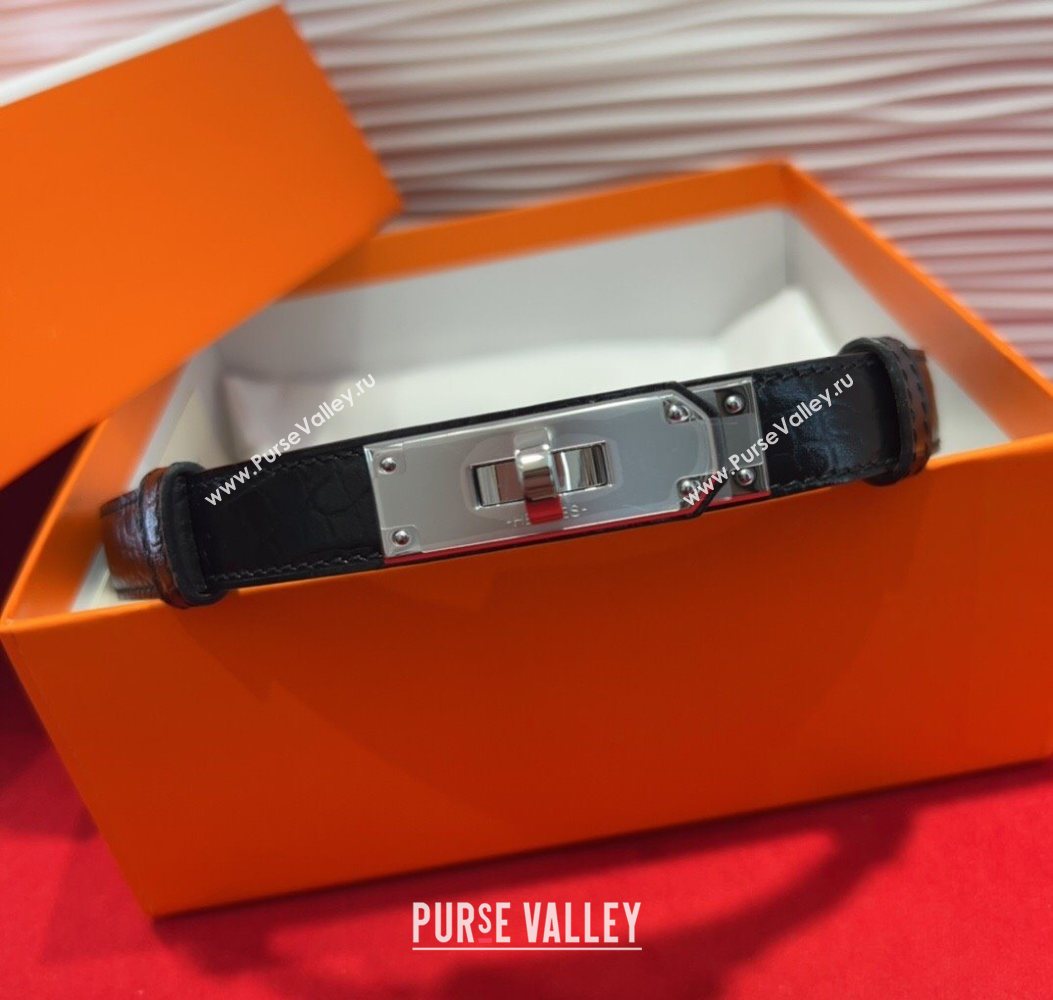 Hermes Kelly Duo Belt 1.8cm in Crocodile Embossed Calfskin Black/Silver 2025 H2010025 (99-250725002)