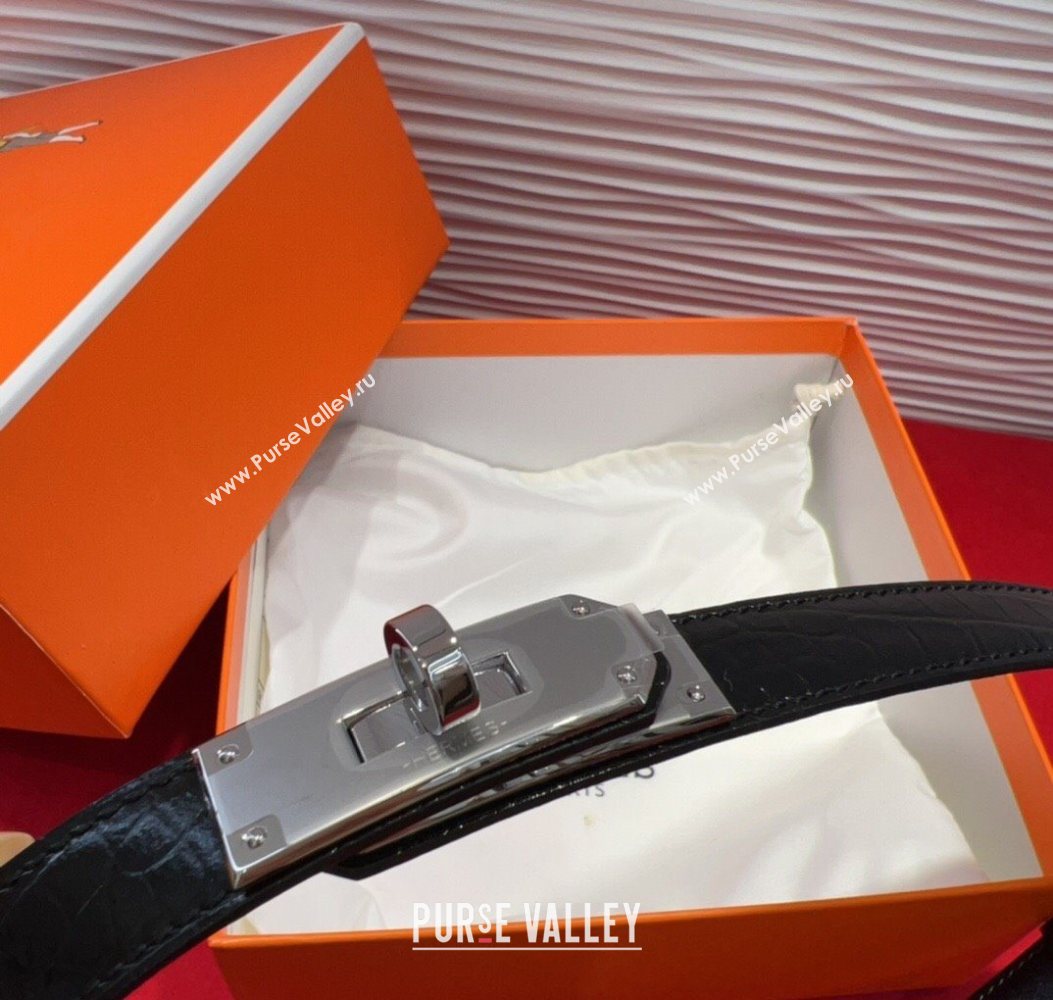 Hermes Kelly Duo Belt 1.8cm in Crocodile Embossed Calfskin Black/Silver 2025 H2010025 (99-250725002)