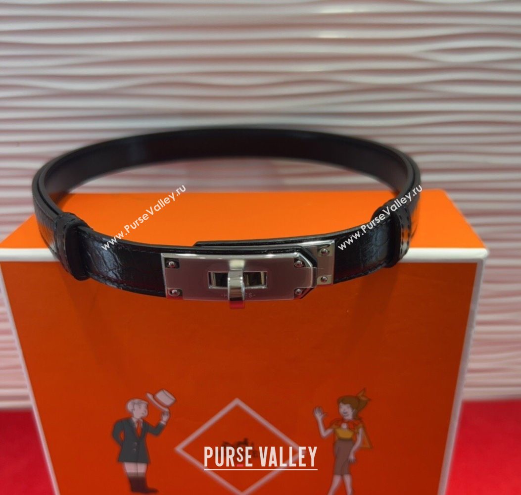 Hermes Kelly Duo Belt 1.8cm in Crocodile Embossed Calfskin Black/Silver 2025 H2010025 (99-250725002)