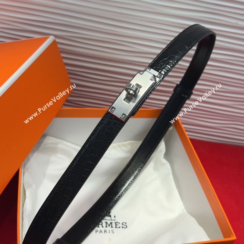 Hermes Kelly Duo Belt 1.8cm in Crocodile Embossed Calfskin Black/Silver 2025 H2010025 (99-250725002)
