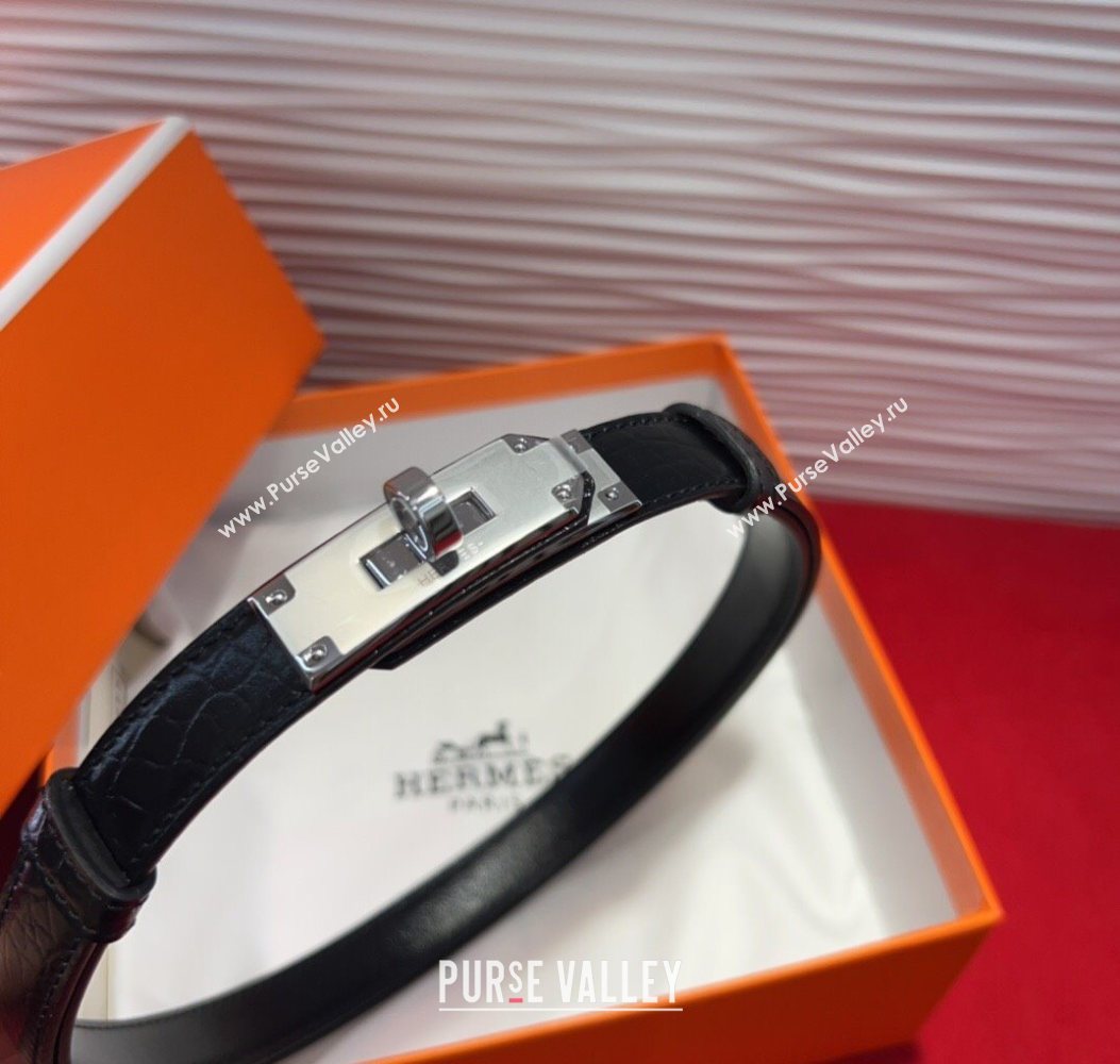 Hermes Kelly Duo Belt 1.8cm in Crocodile Embossed Calfskin Black/Silver 2025 H2010025 (99-250725002)