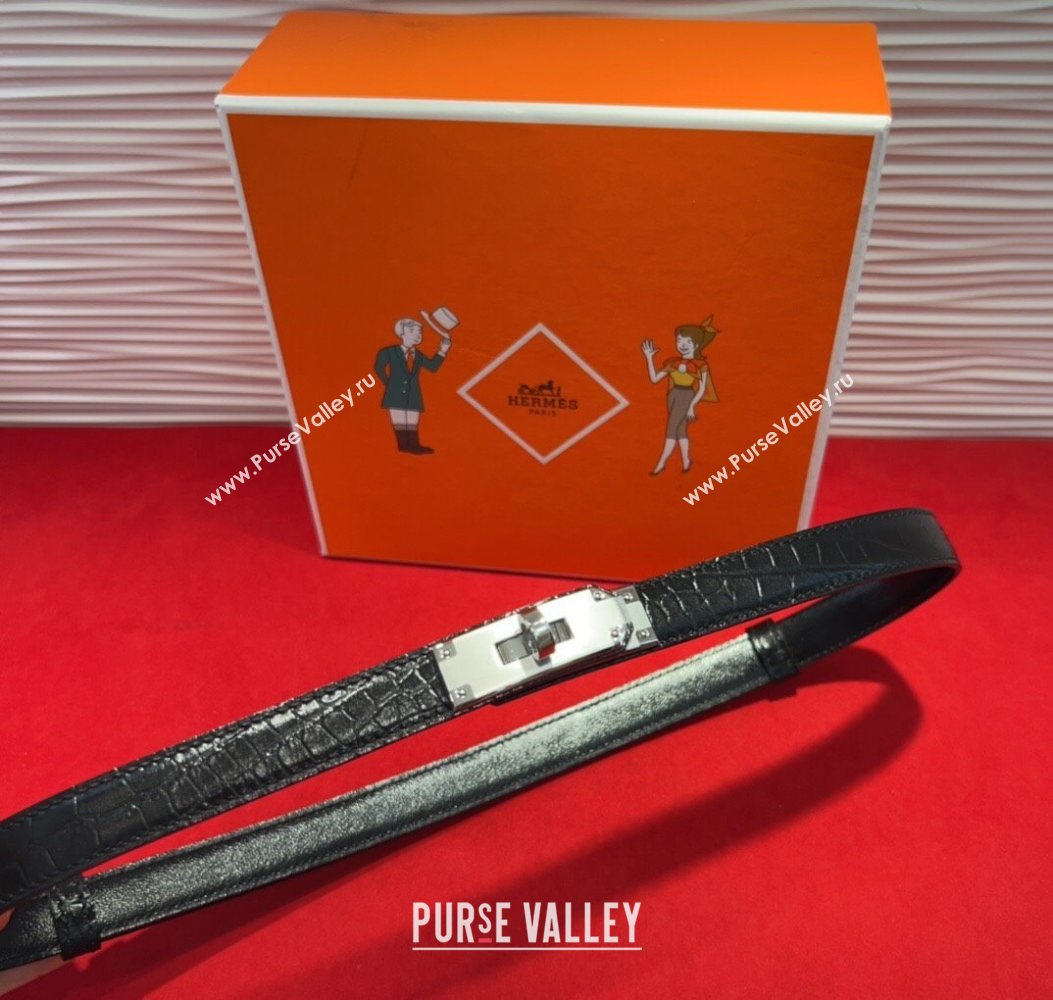 Hermes Kelly Duo Belt 1.8cm in Crocodile Embossed Calfskin Black/Silver 2025 H2010025 (99-250725002)