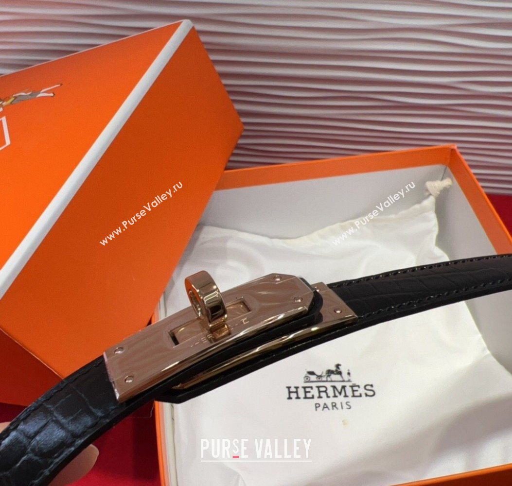 Hermes Kelly Duo Belt 1.8cm in Crocodile Embossed Calfskin Black/Rose Gold 2025 H2010025 (99-250725003)