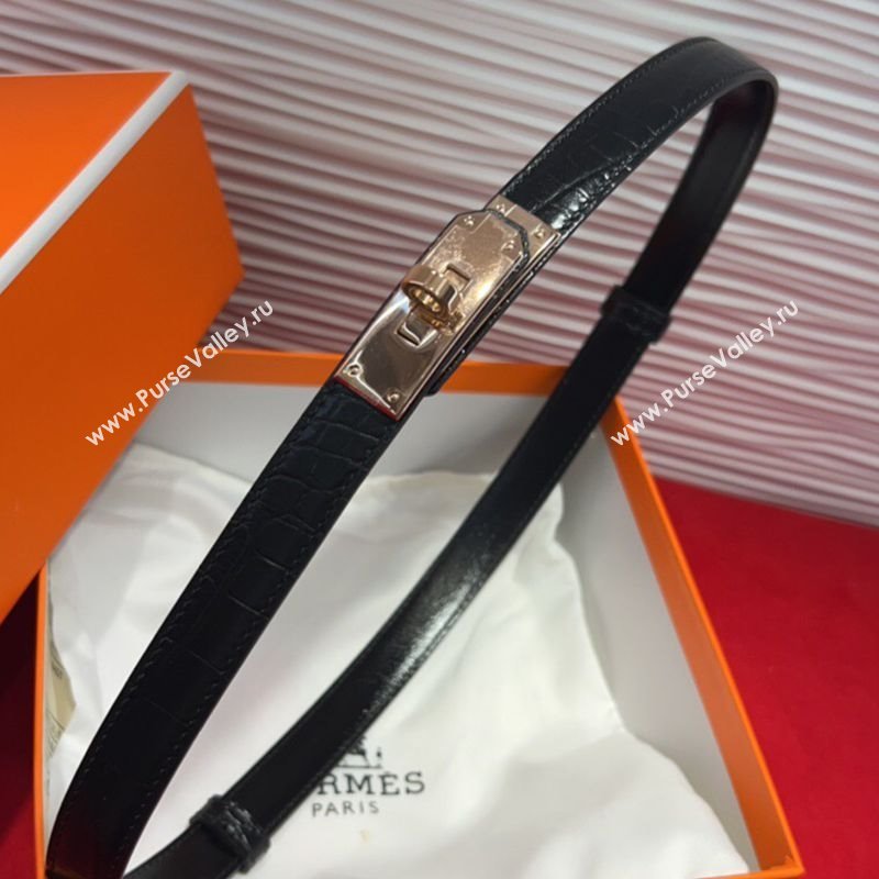 Hermes Kelly Duo Belt 1.8cm in Crocodile Embossed Calfskin Black/Rose Gold 2025 H2010025 (99-250725003)