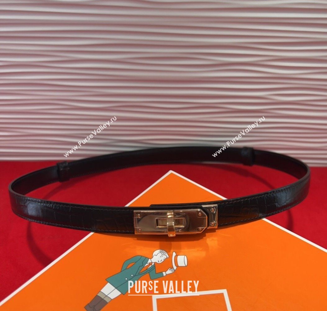 Hermes Kelly Duo Belt 1.8cm in Crocodile Embossed Calfskin Black/Rose Gold 2025 H2010025 (99-250725003)