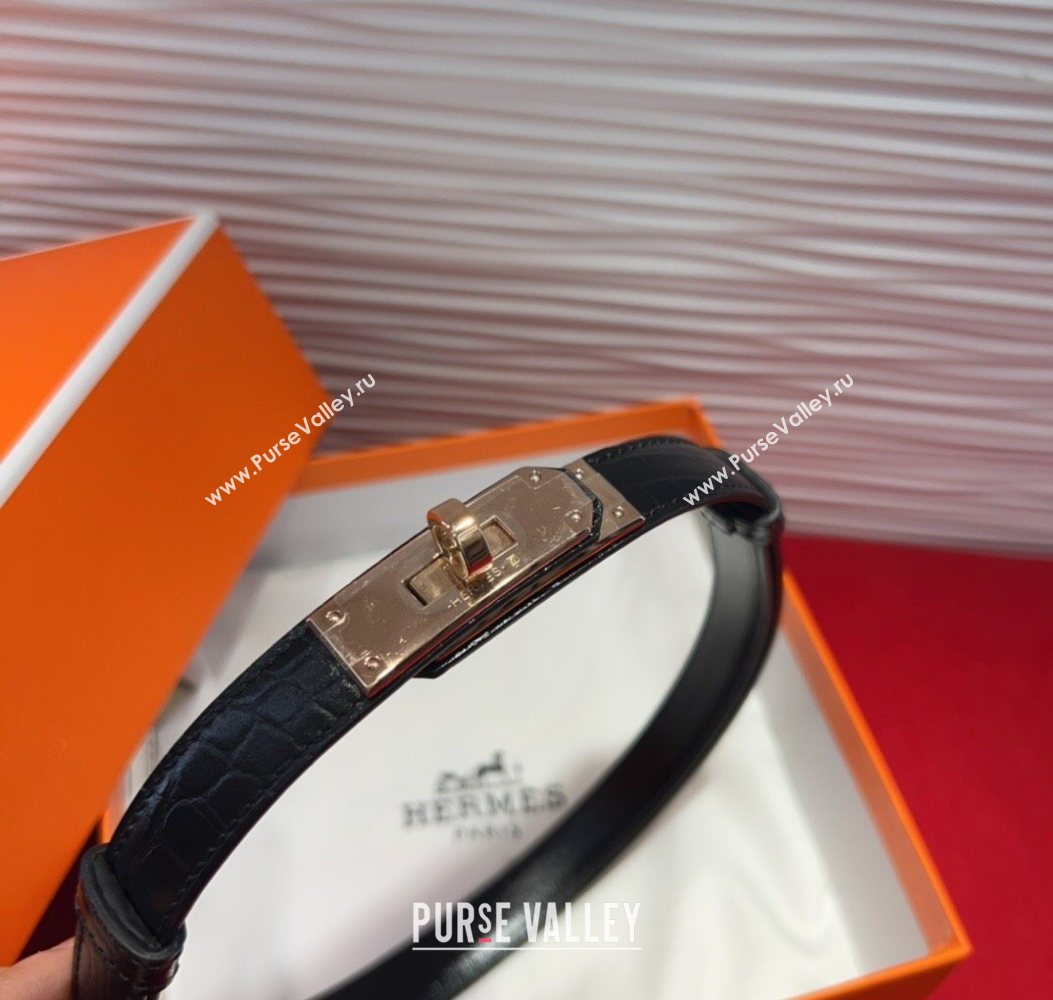 Hermes Kelly Duo Belt 1.8cm in Crocodile Embossed Calfskin Black/Rose Gold 2025 H2010025 (99-250725003)
