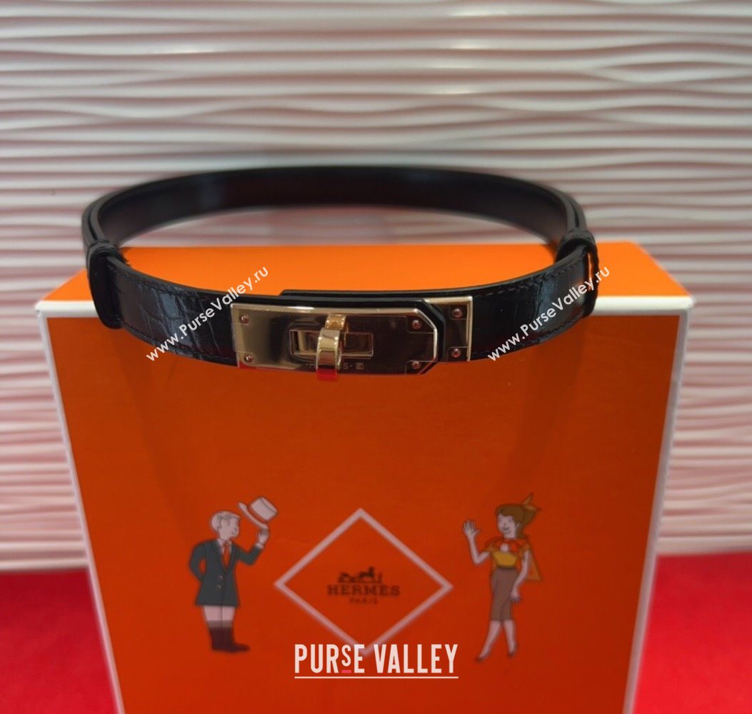 Hermes Kelly Duo Belt 1.8cm in Crocodile Embossed Calfskin Black/Rose Gold 2025 H2010025 (99-250725003)