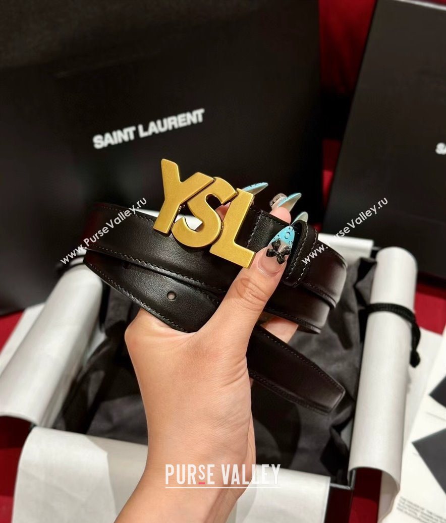 Saint Laurent Womens Supple Calfskin Leather Belt 2.5cm with Maxi YSL Buckle Black/Aged Gold 2025 (99-250725060)