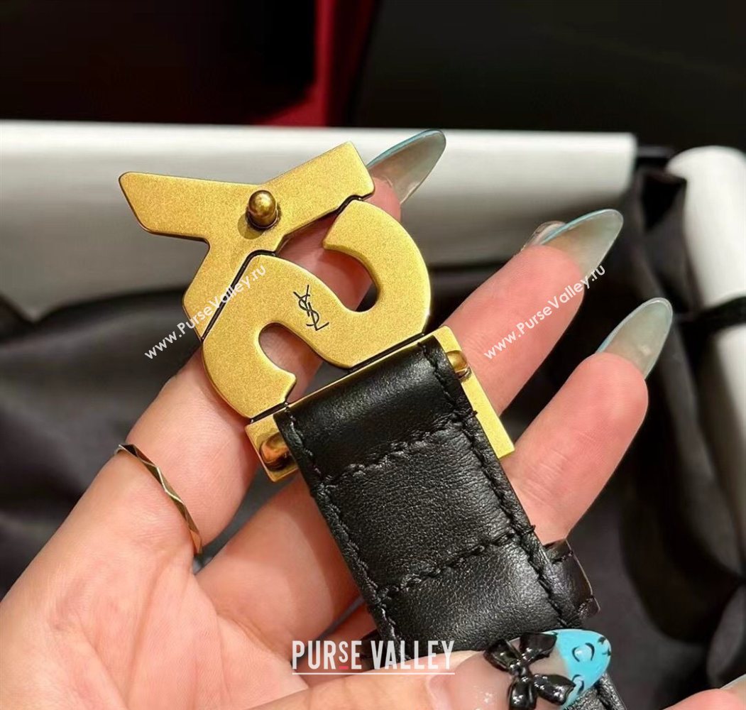 Saint Laurent Womens Supple Calfskin Leather Belt 2.5cm with Maxi YSL Buckle Black/Aged Gold 2025 (99-250725060)