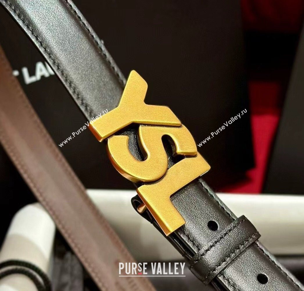 Saint Laurent Womens Supple Calfskin Leather Belt 2.5cm with Maxi YSL Buckle Black/Aged Gold 2025 (99-250725060)