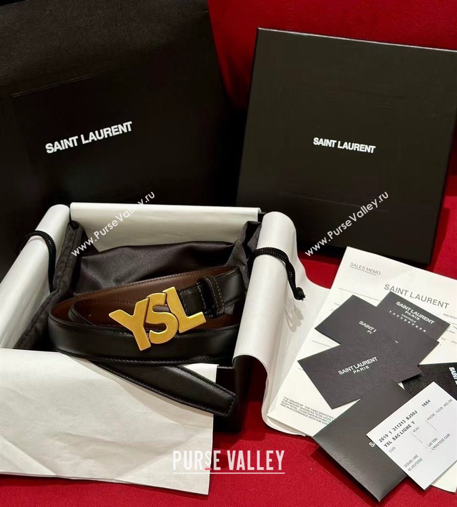 Saint Laurent Womens Supple Calfskin Leather Belt 2.5cm with Maxi YSL Buckle Black/Aged Gold 2025 (99-250725060)