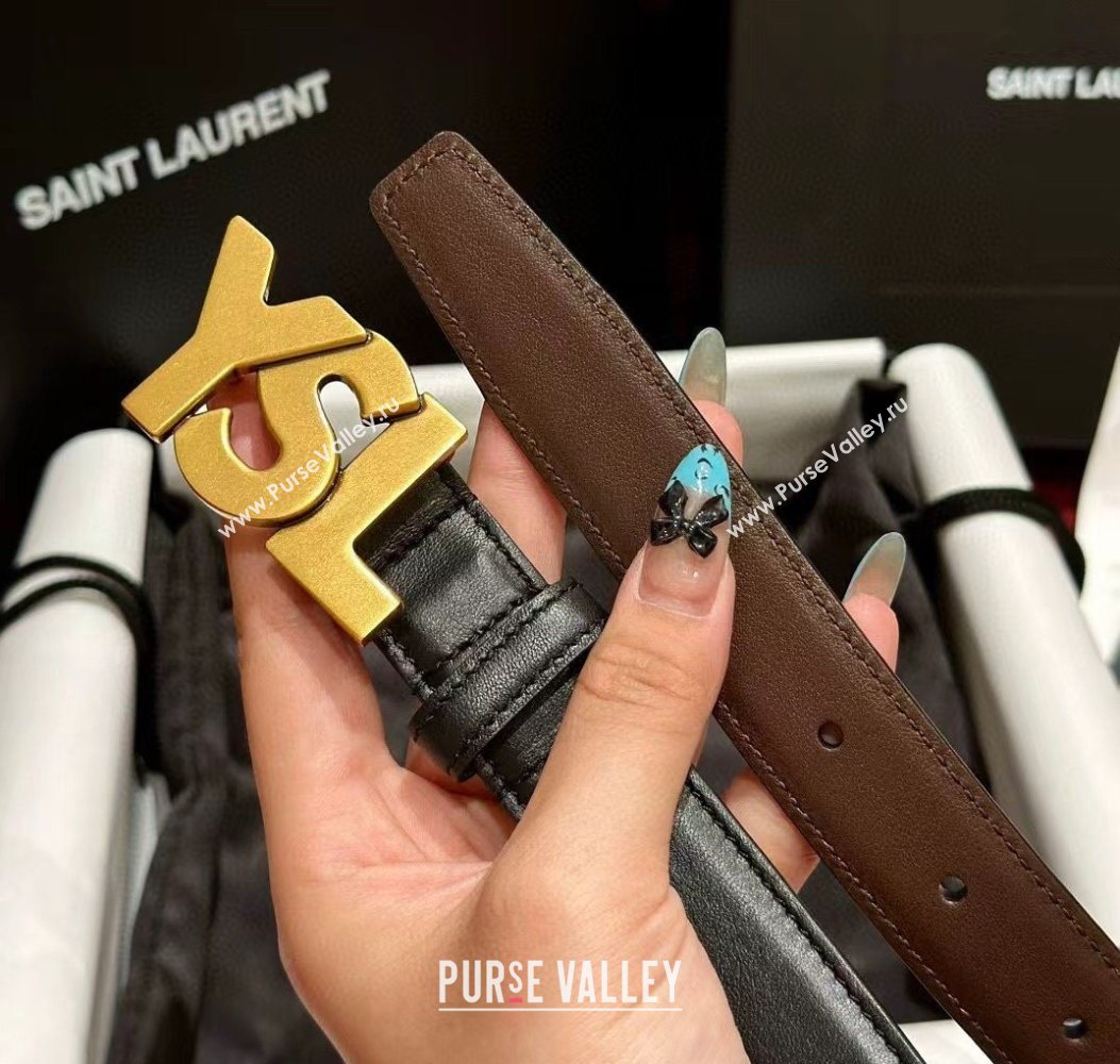Saint Laurent Womens Supple Calfskin Leather Belt 2.5cm with Maxi YSL Buckle Black/Aged Gold 2025 (99-250725060)