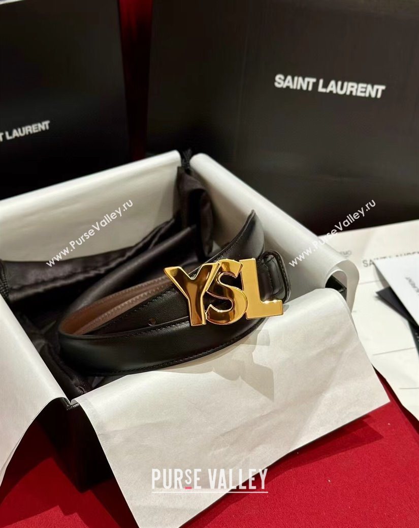 Saint Laurent Womens Supple Calfskin Leather Belt 2.5cm with Maxi YSL Buckle Balck/Shiny Gold 2025 (99-250725061)