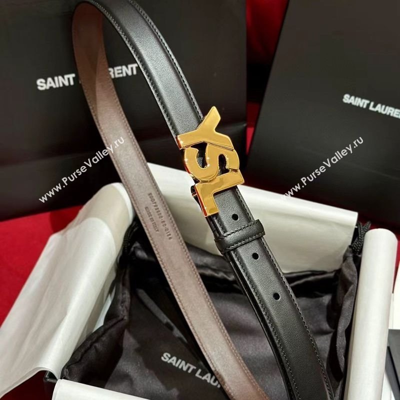 Saint Laurent Womens Supple Calfskin Leather Belt 2.5cm with Maxi YSL Buckle Balck/Shiny Gold 2025 (99-250725061)