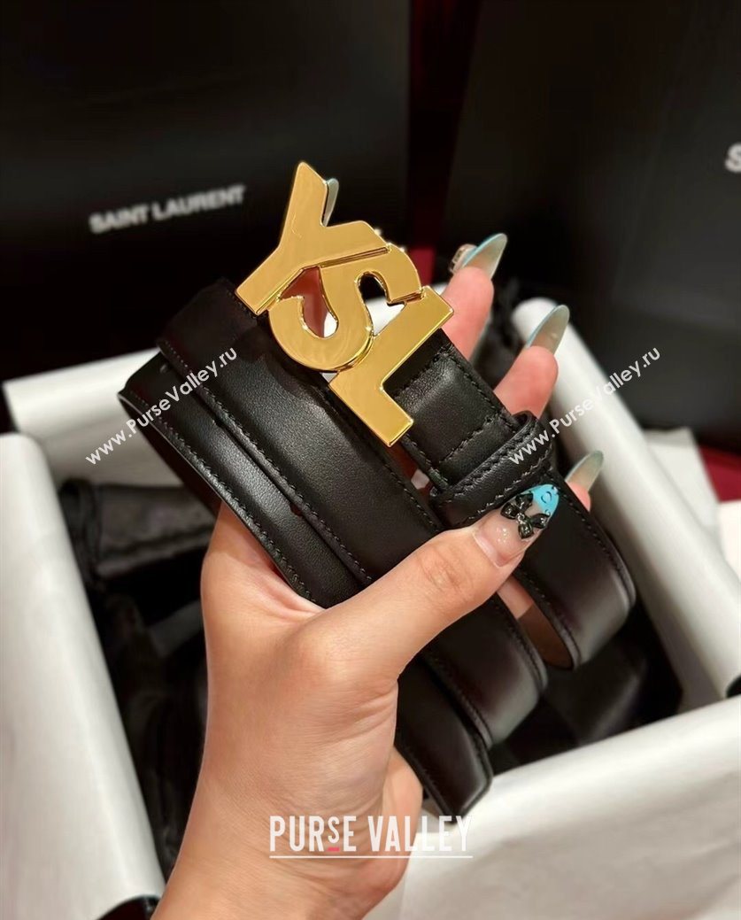 Saint Laurent Womens Supple Calfskin Leather Belt 2.5cm with Maxi YSL Buckle Balck/Shiny Gold 2025 (99-250725061)