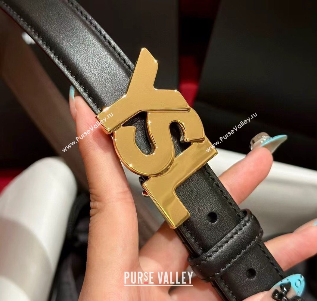 Saint Laurent Womens Supple Calfskin Leather Belt 2.5cm with Maxi YSL Buckle Balck/Shiny Gold 2025 (99-250725061)