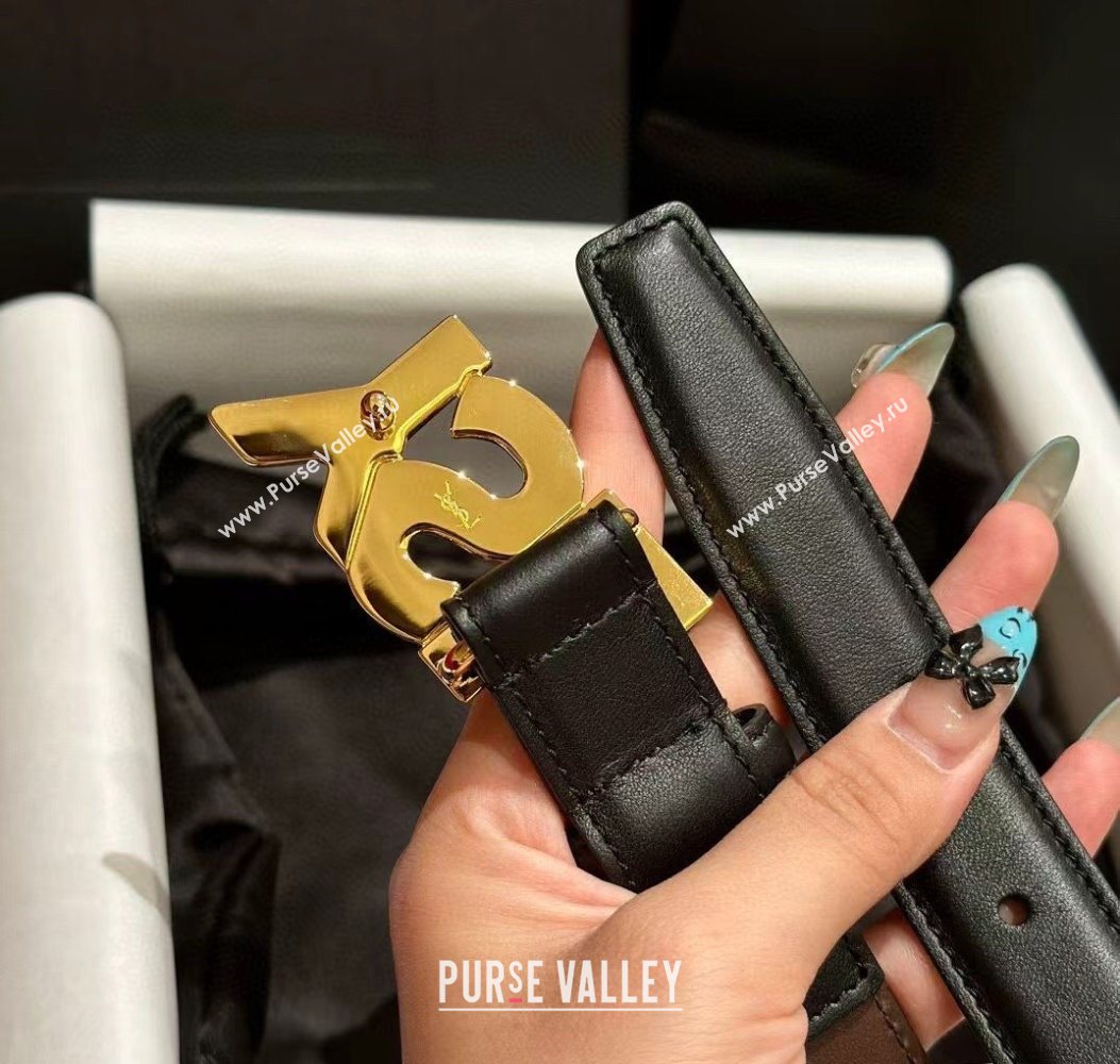 Saint Laurent Womens Supple Calfskin Leather Belt 2.5cm with Maxi YSL Buckle Balck/Shiny Gold 2025 (99-250725061)
