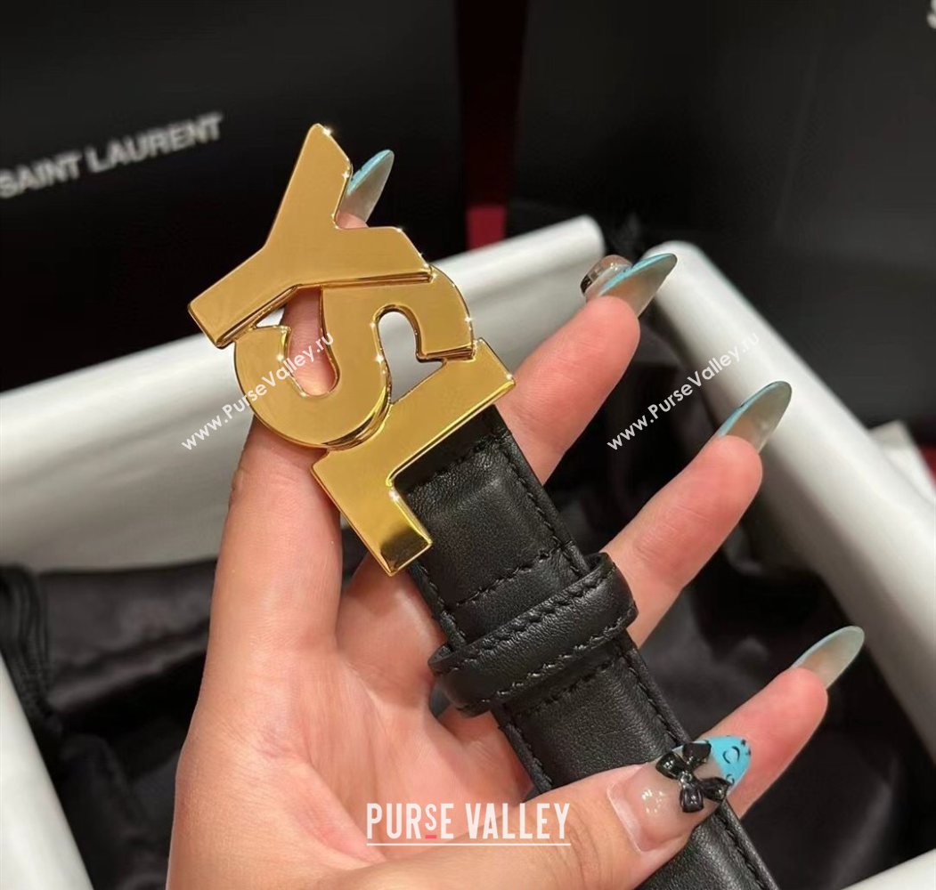 Saint Laurent Womens Supple Calfskin Leather Belt 2.5cm with Maxi YSL Buckle Balck/Shiny Gold 2025 (99-250725061)