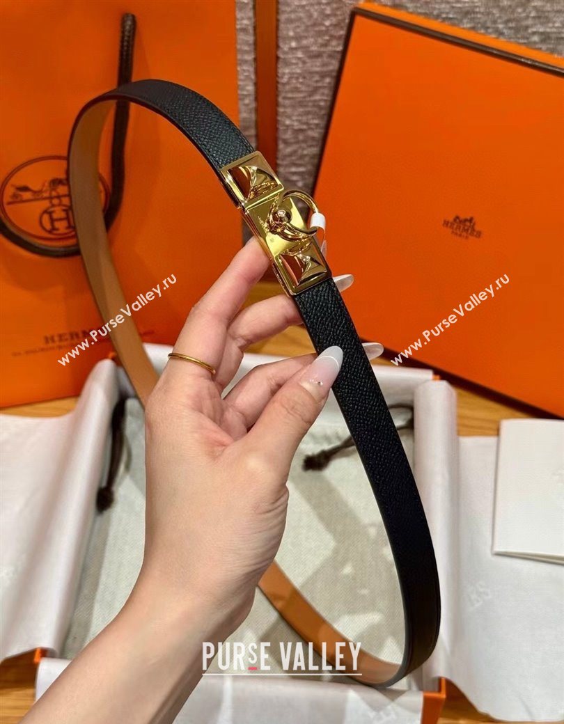 Hermes Womens Rivale Belt 1.8cm with Two Medor Studs and Ring Buckle Black/Gold 2025 (99-250725023)