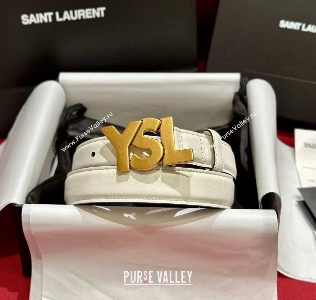 Saint Laurent Womens Supple Calfskin Leather Belt 2.5cm with Maxi YSL Buckle White/Aged Gold 2025 (99-250725063)