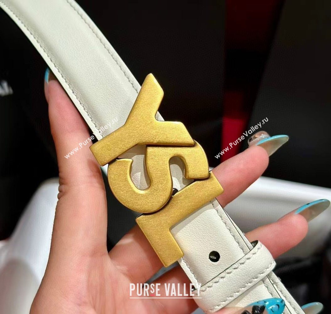 Saint Laurent Womens Supple Calfskin Leather Belt 2.5cm with Maxi YSL Buckle White/Aged Gold 2025 (99-250725063)