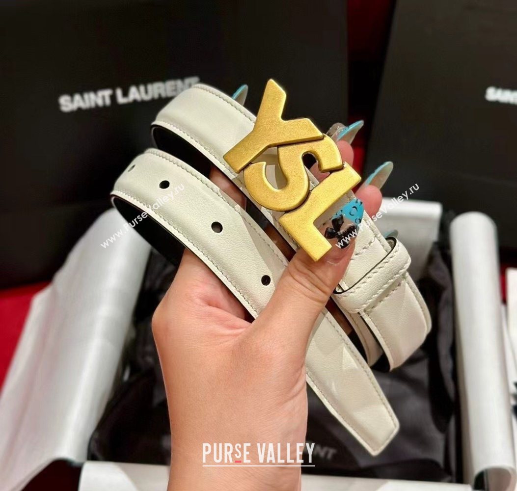 Saint Laurent Womens Supple Calfskin Leather Belt 2.5cm with Maxi YSL Buckle White/Aged Gold 2025 (99-250725063)