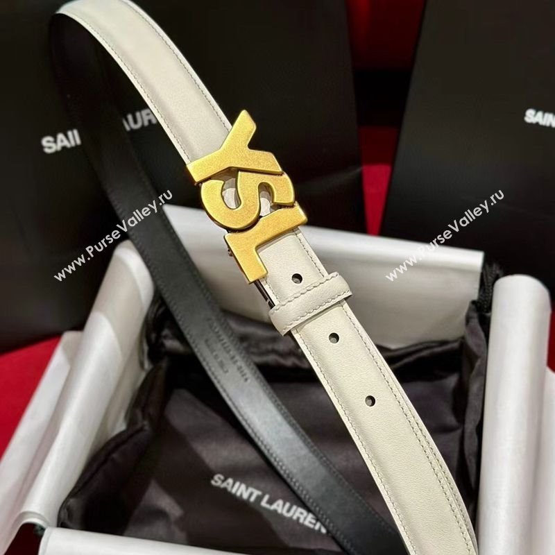 Saint Laurent Womens Supple Calfskin Leather Belt 2.5cm with Maxi YSL Buckle White/Aged Gold 2025 (99-250725063)