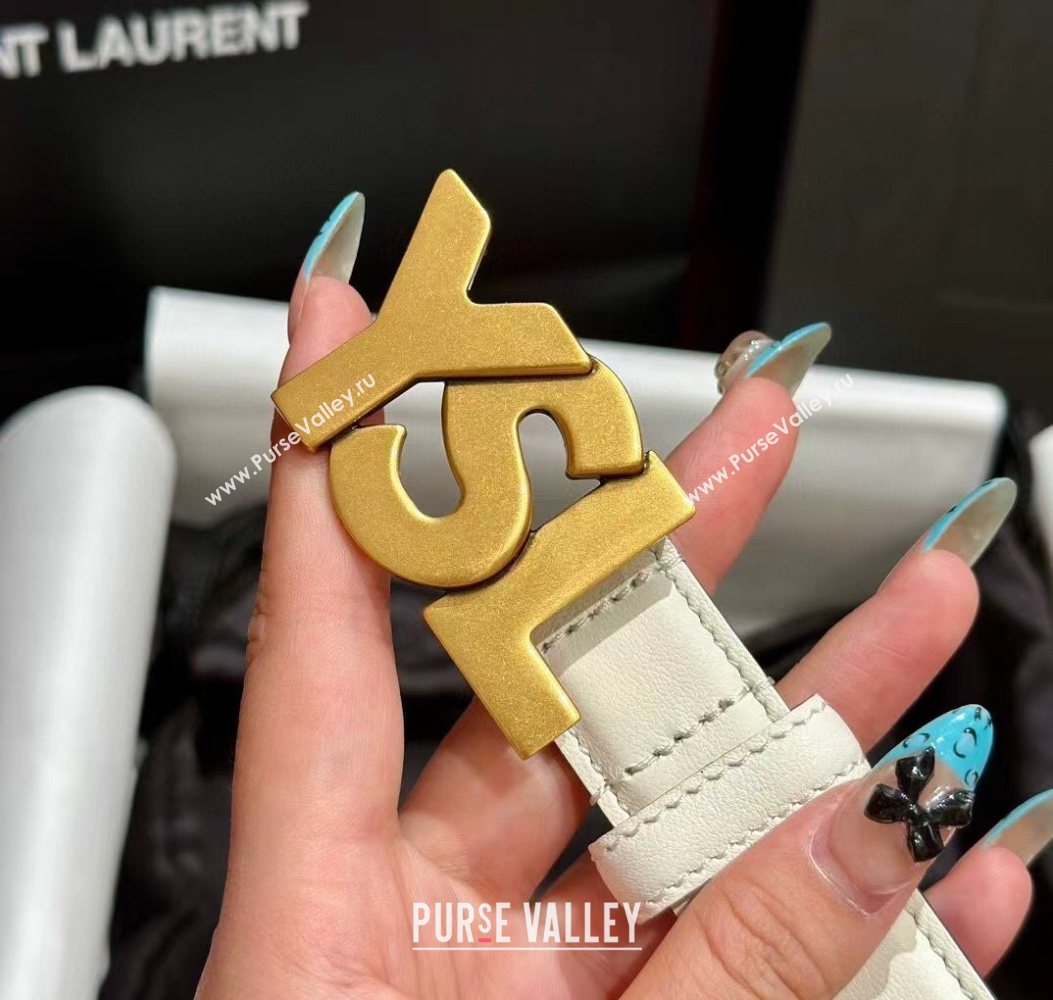 Saint Laurent Womens Supple Calfskin Leather Belt 2.5cm with Maxi YSL Buckle White/Aged Gold 2025 (99-250725063)