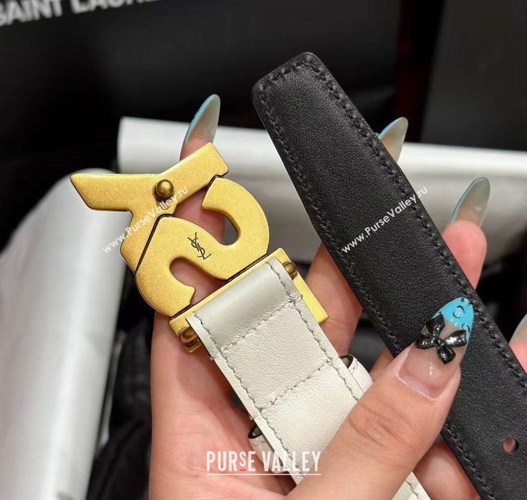 Saint Laurent Womens Supple Calfskin Leather Belt 2.5cm with Maxi YSL Buckle White/Aged Gold 2025 (99-250725063)