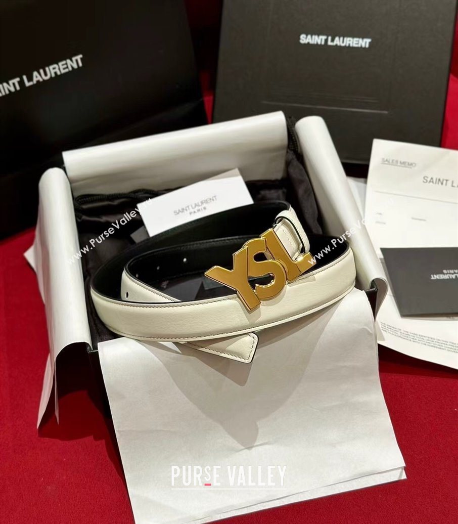 Saint Laurent Womens Supple Calfskin Leather Belt 2.5cm with Maxi YSL Buckle White/Shiny Gold 2025 (99-250725064)