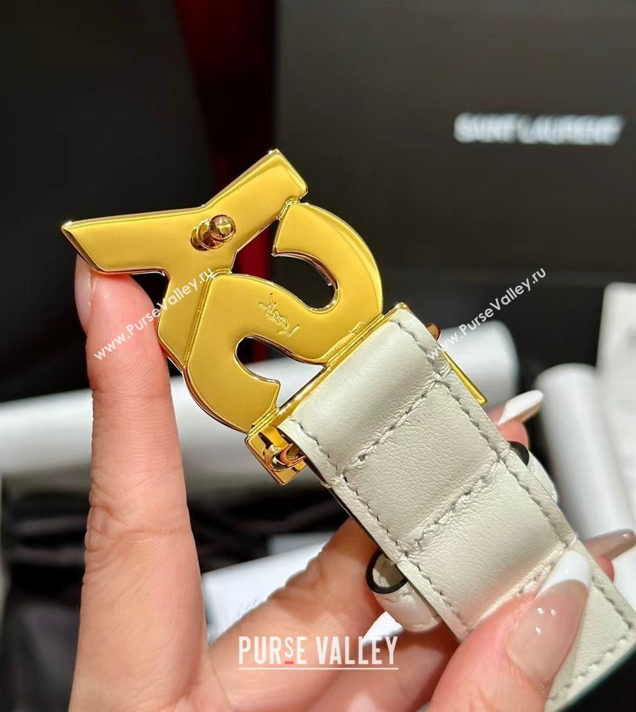 Saint Laurent Womens Supple Calfskin Leather Belt 2.5cm with Maxi YSL Buckle White/Shiny Gold 2025 (99-250725064)