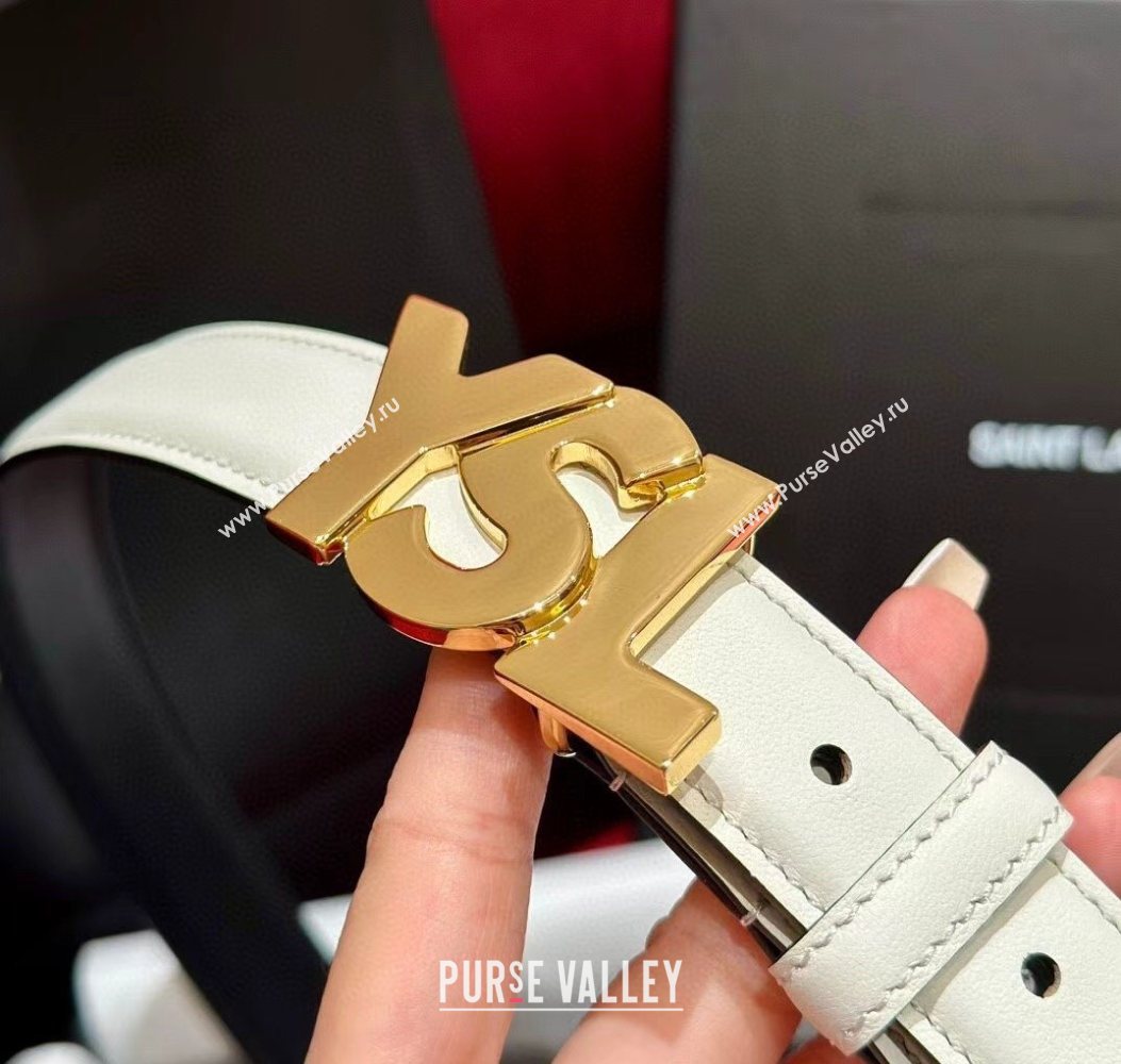 Saint Laurent Womens Supple Calfskin Leather Belt 2.5cm with Maxi YSL Buckle White/Shiny Gold 2025 (99-250725064)