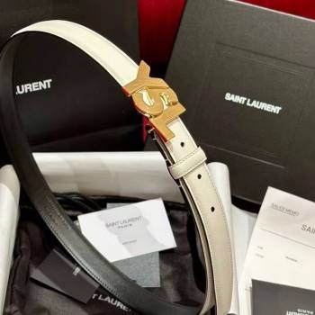 Saint Laurent Womens Supple Calfskin Leather Belt 2.5cm with Maxi YSL Buckle White/Shiny Gold 2025 (99-250725064)