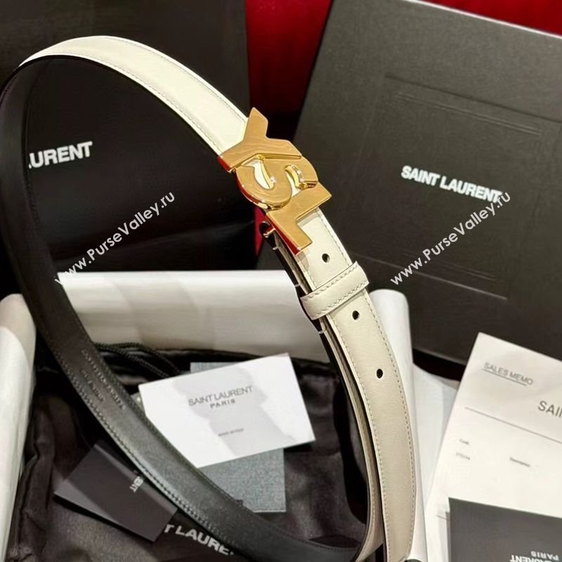Saint Laurent Womens Supple Calfskin Leather Belt 2.5cm with Maxi YSL Buckle White/Shiny Gold 2025 (99-250725064)