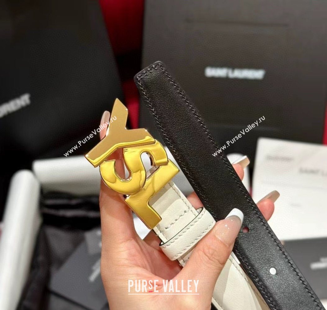 Saint Laurent Womens Supple Calfskin Leather Belt 2.5cm with Maxi YSL Buckle White/Shiny Gold 2025 (99-250725064)