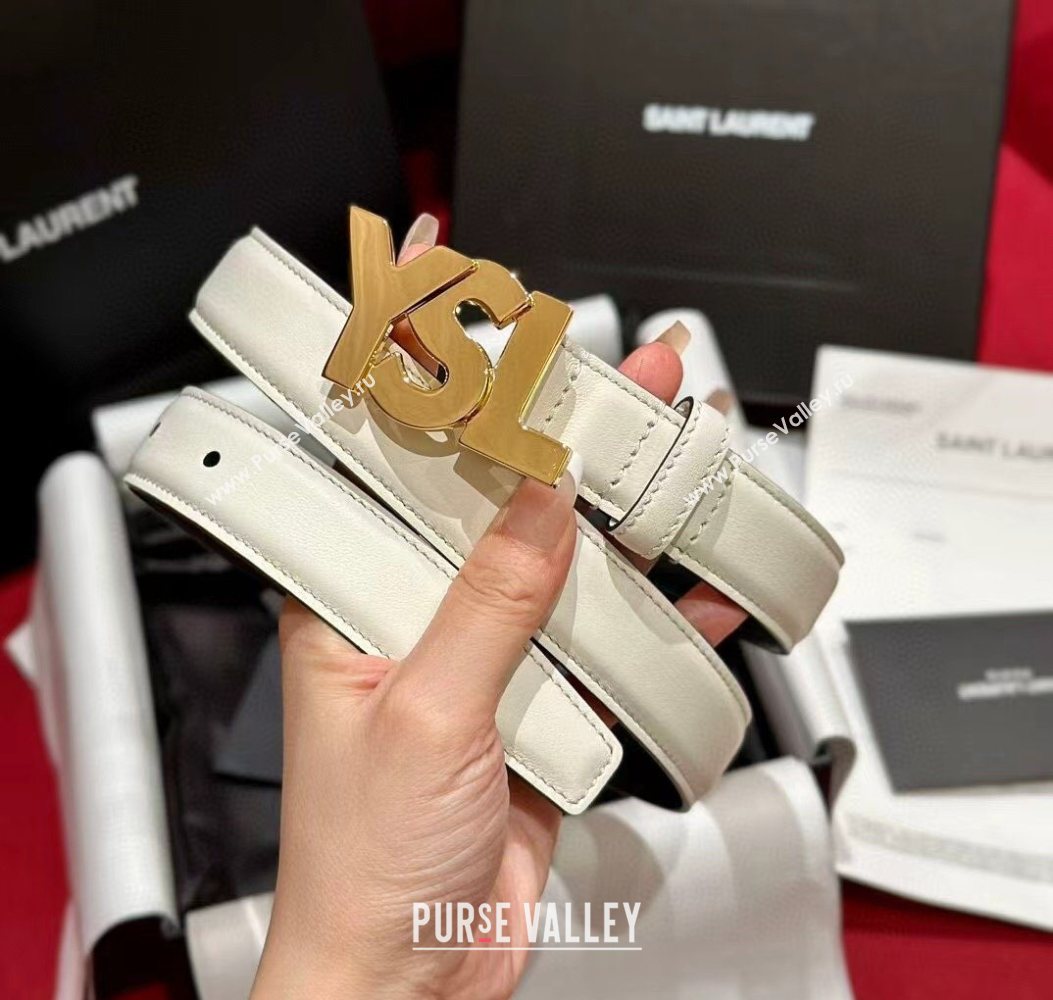 Saint Laurent Womens Supple Calfskin Leather Belt 2.5cm with Maxi YSL Buckle White/Shiny Gold 2025 (99-250725064)