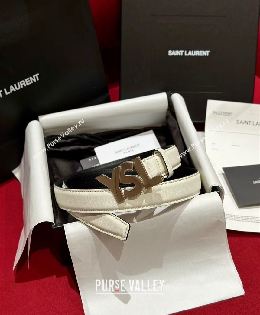 Saint Laurent Womens Supple Calfskin Leather Belt 2.5cm with Maxi YSL Buckle White/Silver 2025 (99-250725065)
