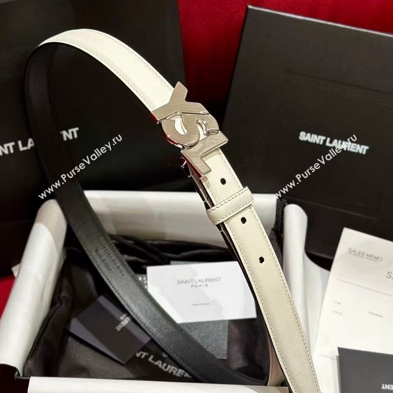 Saint Laurent Womens Supple Calfskin Leather Belt 2.5cm with Maxi YSL Buckle White/Silver 2025 (99-250725065)