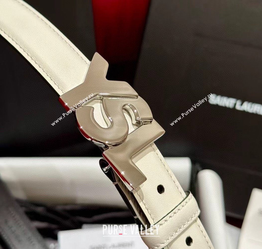 Saint Laurent Womens Supple Calfskin Leather Belt 2.5cm with Maxi YSL Buckle White/Silver 2025 (99-250725065)