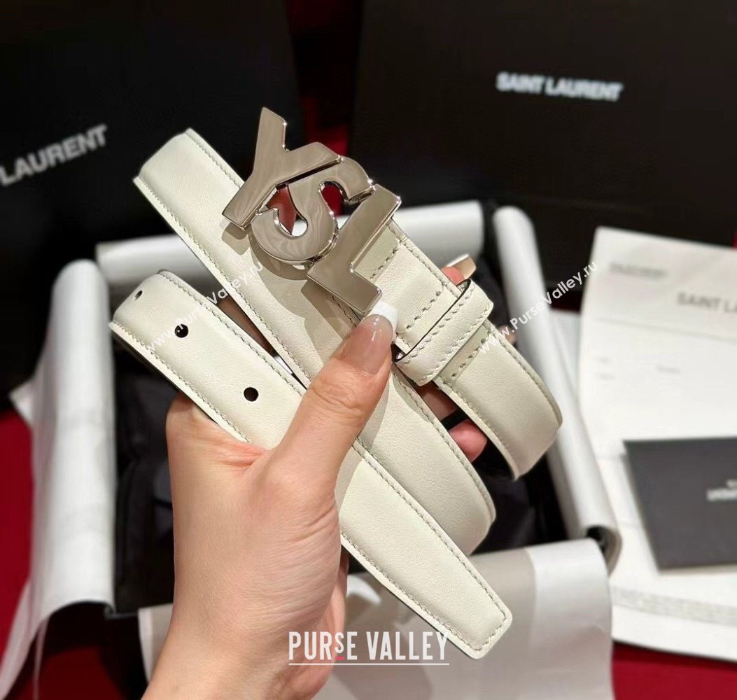 Saint Laurent Womens Supple Calfskin Leather Belt 2.5cm with Maxi YSL Buckle White/Silver 2025 (99-250725065)
