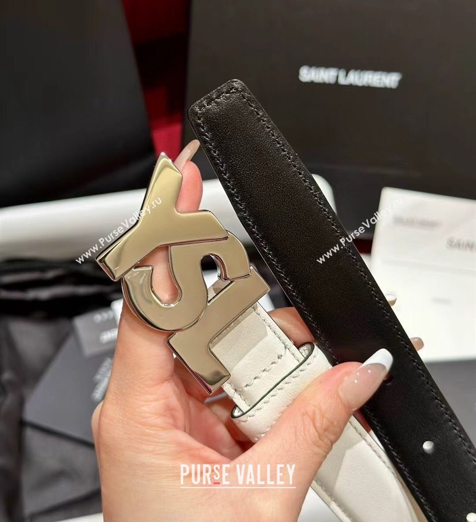 Saint Laurent Womens Supple Calfskin Leather Belt 2.5cm with Maxi YSL Buckle White/Silver 2025 (99-250725065)